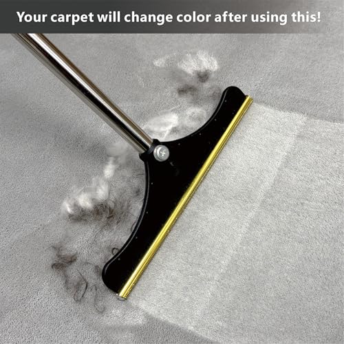 Premium Stainless Steel Pet Hair Removal Carpet Rake | Reusable Adjustable Pet Fur De-Shedding Tool for Carpets, Rugs, Upholstery & Auto Mats | Long Extendable Handle, Heavy-Duty Construction (Black) - color: Black