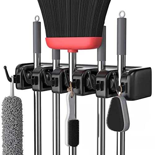 LETMY Broom Holder Wall Mount - Mop and Broom Hanger Holder - Garage Storage Rack & Garden Tool Organizer - 5 Position 6 Hooks Broom Rack for Home, kitchen, Garden, Tools, Garage Organization - Black - color: Black