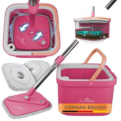 Spin Mop and Bucket Set with Wringer – Dual-Chamber Self Wringing Mop, Flat Microfiber Mop for Hardwood, Tile & Vinyl Floors, 2 Washable Replacement Heads, 63" Handle, Pink - color: Pink