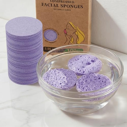 100-Count Compressed Facial Sponges for Washing face, Natural Cellulose Cosmetic Makeup Sponge for Facial Cleansing, Slight Exfoliating, Makeup Removal-(Purple Round Sponge) - color: Purple-round
