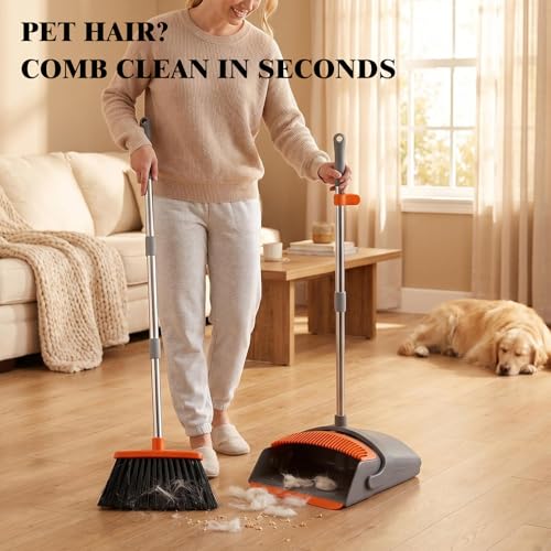 Broom with Standing Dustpan Combo Set, 52" Long Handle Self-Cleaning Teeth, 5-Row Stiff Bristles Angled Head, TPR Rubber Lip for Kitchen Pet Hair Sweeping Indoor Outdoor - color: Broom Dustpan Set