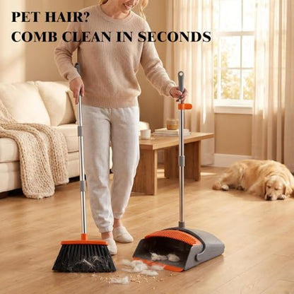 Broom with Standing Dustpan Combo Set, 52" Long Handle Self-Cleaning Teeth, 5-Row Stiff Bristles Angled Head, TPR Rubber Lip for Kitchen Pet Hair Sweeping Indoor Outdoor - color: Broom Dustpan Set
