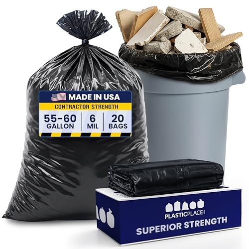 Plasticplace Contractor Garbage Bags: 55 Gallon Trash Bags Heavy Duty, Big Black Trash Bags, 36"x58", 6.0 Mil, Pack of 20 - size: 20 Count (Pack of 1)