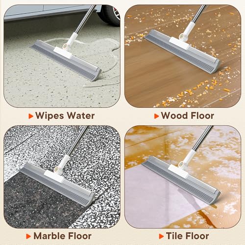 Floor Squeegee with Long Handle, 180° Rotating Silicone Broom for Concrete & Tile Floors, Squeegee for Water Removal on Garage, Bathroom and Deck, Adjustable 35–62 in Handle, 2 Pads - size: 16in | 4-Section Pole (62in) | 2 Pads