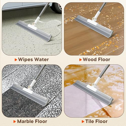 Floor Squeegee with Long Handle, 180° Rotating Silicone Broom for Concrete & Tile Floors, Squeegee for Water Removal on Garage, Bathroom and Deck, Adjustable 35–62 in Handle, 2 Pads - size: 16in | 4-Section Pole (62in) | 2 Pads