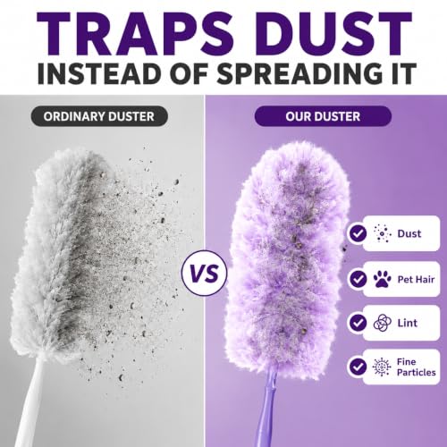Duster Refills Compatible with Swiffer, 20 Count with 2 Handles, Heavy Duty 360° 4X Microfiber Stay‑On Pads, Unscented Disposable Duster for Pet Hair, Blinds, Ceiling Fans, Home Cleaning