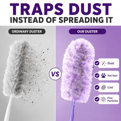 Duster Refills Compatible with Swiffer, 20 Count with 2 Handles, Heavy Duty 360° 4X Microfiber Stay‑On Pads, Unscented Disposable Duster for Pet Hair, Blinds, Ceiling Fans, Home Cleaning