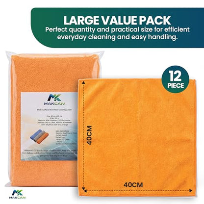 Microfiber Cleaning Cloths, 12 Pack, 40 x 40 cm, 350 GSM | 350 GSM, Lint-Free, Multi-Surface, For Kitchen, Car, Glass & Household