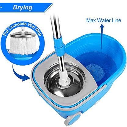 Spin Mop & Bucket, 360 Spinning Mop Bucket Kit, Stainless Steel Bucket Wringer Set, Plus 3 Replacement Head Refills, 360 Spinning Mopping System, 61" Extended Handle for Floor Cleaning (Blue) - color: Blue-2