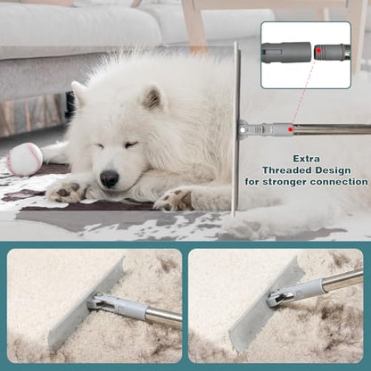 Carpet Rake for Pet Hair Removal, FireBee 47" Adjustable Long Handle Pet Hair Remover, Self-Locking Fixed Nylon Head, Easy Storage, Large Fur Scraper Tool for Rugs, Couch, Stair & Pet Beds