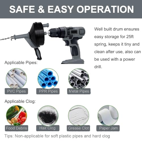 Drain Auger, Clog Remover with Drill Adapter, 25 Feet Flexible Plumbing Snake Use Manually or Powered(Gray) - color: Gray