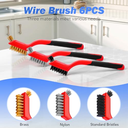 Wire Brush Set, 6 Pcs Brass/Stainless Steel/Nylon Wire Brushes for Cleaning with Curved Handle Grip for Rust Removal, Dirt, Paint Scrubbing - style: Red-6pcs