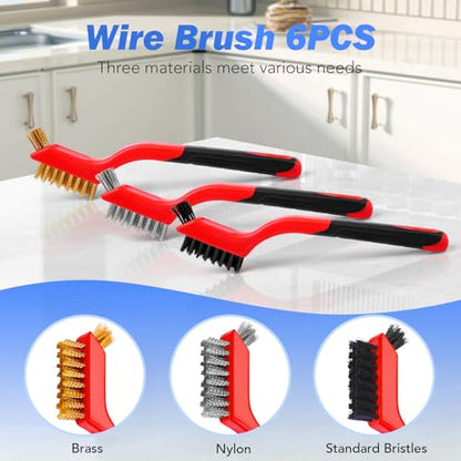 Wire Brush Set, 6 Pcs Brass/Stainless Steel/Nylon Wire Brushes for Cleaning with Curved Handle Grip for Rust Removal, Dirt, Paint Scrubbing - style: Red-6pcs