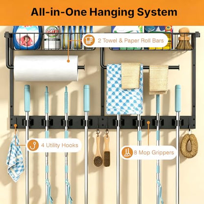 Broom Holder Wall Mount, Broom and Mop Organizer Wall Hanging with Paper Towel Holder & Removable Anti-fall Basket, Wall Mount Cleaning Supplies Organizer for Laundry Room, Apartment, Utility Room