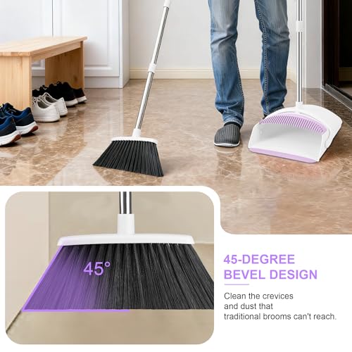 Broom with Dustpan Combo Set for Home, 52-in Long Adjustable Handle Angle Broom and Dustpan Set with Dustpan Comb Teeth for Sweeping Pet Hair Food Dirt Kitchen (White-Purple) - color: White-purple
