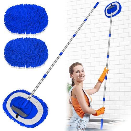 2 in 1 Lightweight Wall Cleaner Mop with Long Handle 75" 190cm Lint-Free Duster Cleaning Tool 2 Replacement Microfiber Chenille Pads for Kitchen Baseboard Ceiling Floor Window Door Scrubber Brush,Blue - color: Blue