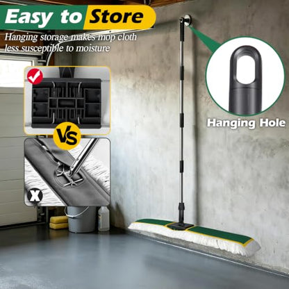 MASTERTOP 40" Commercial Dust Mop for Floor Cleaning, Heavy Duty Flat Mop | Industrial 64" Long Handle Push Broom with 2 Cotton Pads for Hardwood, Tile, Laminate, Concrete, Warehouse & Gym Cleaning - color: Green(40"*8.3")
