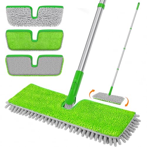 2-Sided Microfiber Dust Mop for Hardwood Floors & Walls | Flat Flip Head, Wet Dry Use, 3 Chenille & Microfiber Pads, 58" Handle, 360° Swivel, Sweep Pet Hair, Tile, Laminate, Kitchen - size: 15" Mop-G