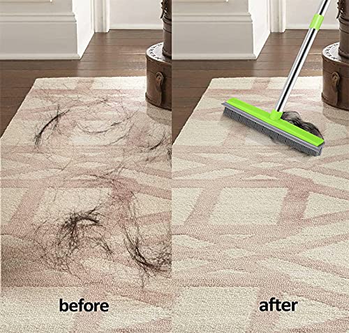 ASkinds Carpet Hair Removal Broom with Squeegee, Rubber Floor Broom, Adjustable Long Handle 49" Length for Pet Cat Dog Hair, Carpet Hardwood Tile Windows Clean, Water Resistant, Green