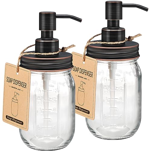 Amolliar Mason Jar Liquid Soap Dispenser, Rustproof Stainless Steel Replacement Pump Lid, Cute Farmhouse Decor for Kitchen, Bathroom, Refillable Hand Soap, Dish Soap, Lotion Soap, Rubbed Bronze-2 Pack - color: Oil Rubbed Bronze, size: 2 Pack
