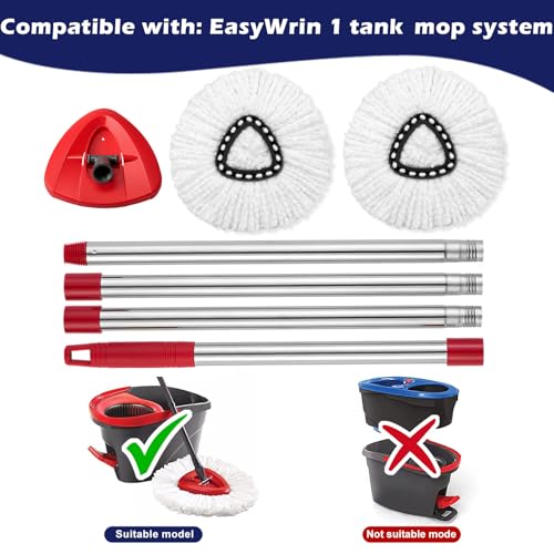 Spin Mop Replacement Set for O-Cedar EasyWring, Mop Handle & Base 2 Refills | Adjustable 30-58 Inch Mop Stick, 1 Mop Base, 2 Microfiber Spin Mop Head Refills for Ocedar 1 Tank Mop System