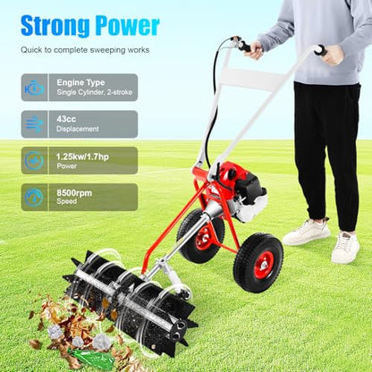 43CC 2 Stroke Power Broom Sweeper Cordless, 1.7HP Handheld Gas Power Held Sweeper Broom Grass Walk Behind Hand Lawn Sweeper with Wheels, Outdoor Turf Lawn Sweepers for Yard, Lawn, Driveway, Snow