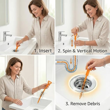 Drain Hair Remover Tool 3 Pcs Set, 20 Inch Flexible Drain Cleaning Snake, Plastic Drain Clog Remover for Sink, Shower, Bathtub and Bathroom Drain, Reusable Hair Removal Tool, Green - color: Orange