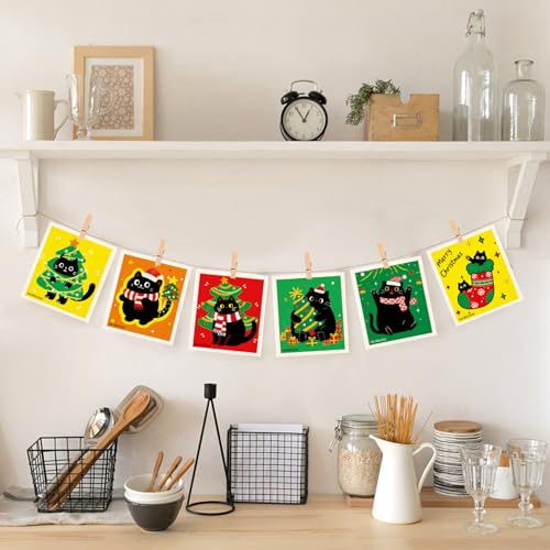 Colorful Christmas Black Cat Swedish Kitchen Towel Winter Snowflake Christmas Bell Absorbent Hand Towel Reusable Quick-Dry Kitchen Cleaning Cloth Cellulose Sponge Cloth 6-Piece Set