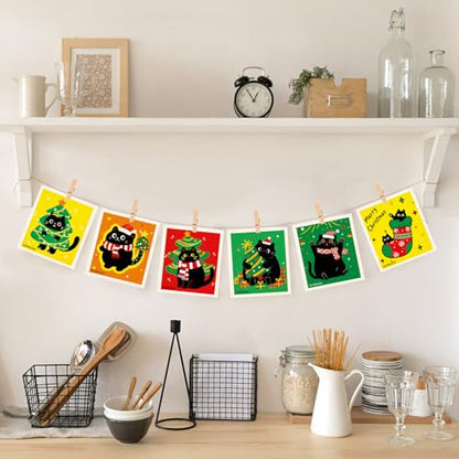 Colorful Christmas Black Cat Swedish Kitchen Towel Winter Snowflake Christmas Bell Absorbent Hand Towel Reusable Quick-Dry Kitchen Cleaning Cloth Cellulose Sponge Cloth 6-Piece Set
