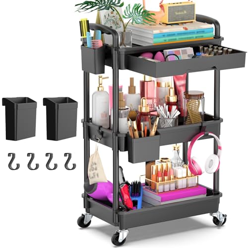 Goovilla 3 Tier Rolling Utility Cart Organizer with Removable Drawer, Stable and Sturdy Black Rolling Storage Carts with 2 Lockable Wheels for Bathroom, Kitchen, Snack, Craft, Makeup, Baby Essentials - size: 3 Tier, style: Black