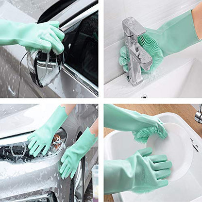 Silicone Dishwashing Gloves, Pet Grooming Rubber Scrubbing for Dishes, Sponge Wash Cleaning with Scrubbers (13.6" L) - color: Green