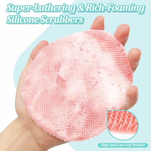 Silicone Back & Face Scrubber & Bath Glove Set 3PCS, 13.4'' Gentle Back Scrubber with Dual-Side Head, 360° Anti-Slip Bath Glove, Unique Side-bristled Face Scrubber for All-Round Cleaning(Pink) - color: Pink*3