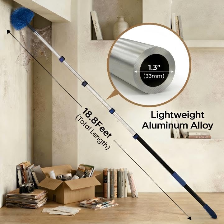 25ft High Ceiling Duster Kits with 5-18ft Heavy Duty Extension Pole - Fan Blade Cleaner, Cobweb Remover & Blue Window Squeegee Kit, Washable Dust Brush for High Roof and Glass Surfaces - size: 18FT