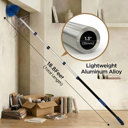 25ft High Ceiling Duster Kits with 5-18ft Heavy Duty Extension Pole - Fan Blade Cleaner, Cobweb Remover & Blue Window Squeegee Kit, Washable Dust Brush for High Roof and Glass Surfaces - size: 18FT