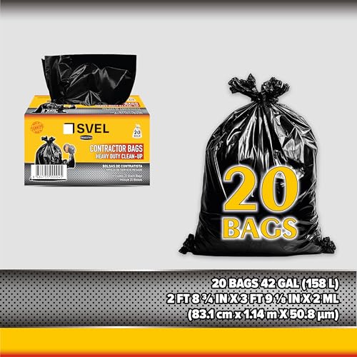 Heavy Duty Industrial Contractor Bags 42 gallons 2 Mil (20 Bags) - 33" x 48" Thick and Tough Trash Bag for Construction, Commercial, Yard, Outdoor use.
