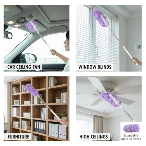 Microfiber Duster for Cleaning, Extendable Pole, Up to 30 Inch Reachable, Cleaning Tools for Car, Ceiling Fan, Window, Furniture, Office(Purple) - color: Purple