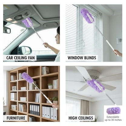 Microfiber Duster for Cleaning, Extendable Pole, Up to 30 Inch Reachable, Cleaning Tools for Car, Ceiling Fan, Window, Furniture, Office(Purple) - color: Purple