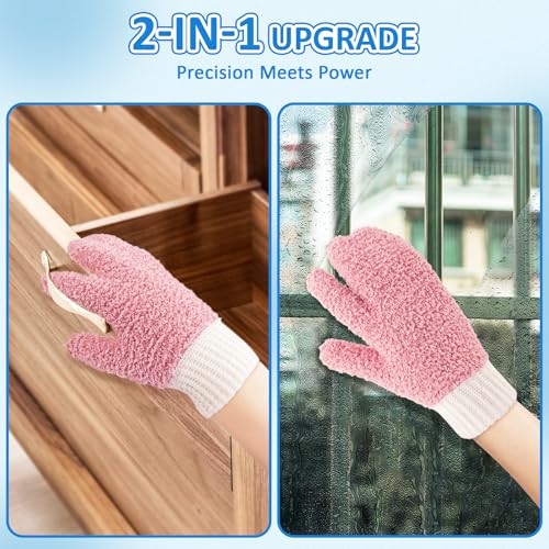 MIG4U Microfiber Dusting Gloves House Cleaning Glove for Blinds, Windows, Shutters, Furniture, and Car, Reusable Lint-Free Pink 2 Pairs S/M - color: Pink Mitten + Gloves, size: Small-Medium