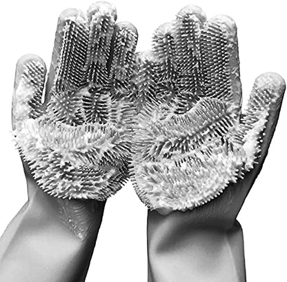 Silicone Dishwashing Gloves, Pet Grooming Rubber Scrubbing for Dishes, Sponge Wash Cleaning with Scrubbers (13.6" L) - color: Grey