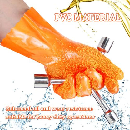 3 Pairs Sewer Gloves PVC Coated Non-Slip Oil & Chemical Resistant | 3 PAIRS INCLUDED: PVC coated sewer gloves for drain cleaning, plumbing maintenance, and everyday heavy-duty work - color: 3 Pairs Orange