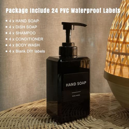 Black Soap Dispenser with Waterproof Labels, Thickened Plastic Hand Soap Dispenser for Bathroom, Kitchen Dish Washing Liquid Bottles, Shampoo and Conditioner Bottles with Funnel (15oz 4Pack Black) - color: 15oz 4 Pack Black