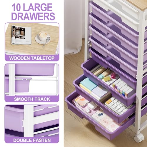 SYKIARIOL Rolling Cart with Drawers,10 Drawer Rolling Cart,Storage Cart with Wheels,Utility Cart with Drawers,Teacher Cart for Classroom Storage,Craft Cart with Wheels and Wooden Tabletop,Purple - color: purple