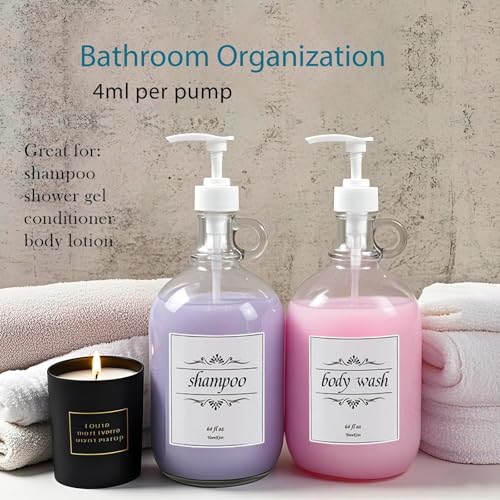2 Pack Laundry Detergent Dispenser with Pump and Lid, 64 Oz Glass Bottles for Laundry Room Organization and Storage, Fabric Softener Dispenser for Washer