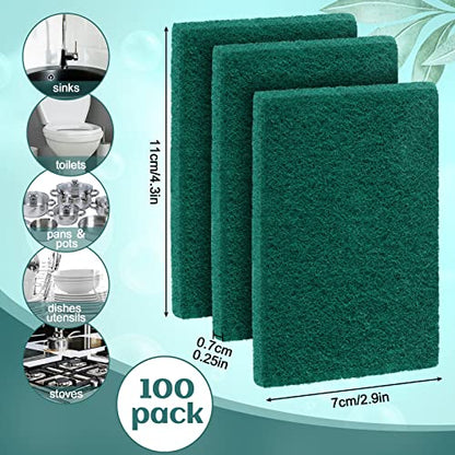 Hoolerry 100 Pcs Heavy Duty Scouring Pads Non Scratch Household Scrub Pads for Cleaning Reusable Pan Scrubber Anti Grease Scrubbing Pads for Dish Kitchen Metal Grills, 4.3 x 3 x 0.3 in (Green) - color: Green