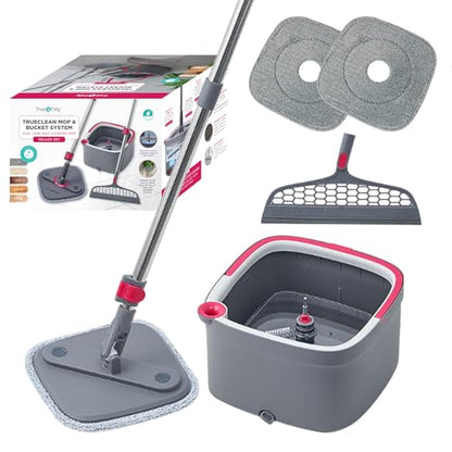 True & Tidy SPIN-800 TrueClean Mop and Bucket System Self Wringing Spin Mop with Separate Compartments for Clean and Dirty Water (Pink) - color: Pink
