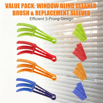 4 Pcs Window Blind Cleaner Duster Tool, Wood Blinds Cleaners Brush Tools with 4 Reusable Microfiber Sleeves for Window Shutters Blind Air Conditioner Jalousie Dust