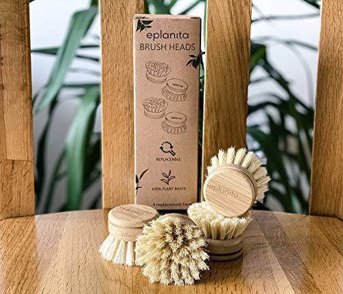 eplanita Replacement Brush Heads (Pack of 4) for Bamboo Dish Brush, Sisal Bristle Refills, Agave Cactus Fibres, Kitchen Eco Scrubber, Plastic Free Washing Up, Zero Waste Cleaning - size: Pack of 4