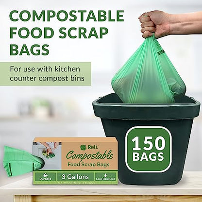 Reli. Compost Bags 3 Gallon (150 Count) | ASTM D6400 Certified | Eco-Friendly Compostable Trash Bags | Food Scrap Liners for Kitchen Bins | Plant-Based Green - size: 1 Count (Pack of 150)