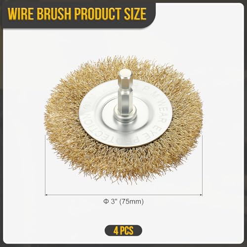 DTGN 3 Inch Wire Wheel Brush for Drill - 4 Pcs - Coarse Brass-Plating Crimping Drill Wires Brush(0.012" Brass-Plating Wires) - 1/4 Inch Hex Shank - Good for Cleaning Rust Paint Abrasive - size: 3 inch