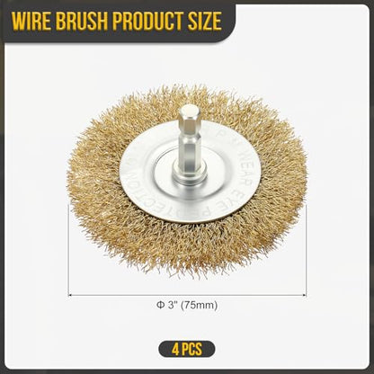 DTGN 3 Inch Wire Wheel Brush for Drill - 4 Pcs - Coarse Brass-Plating Crimping Drill Wires Brush(0.012" Brass-Plating Wires) - 1/4 Inch Hex Shank - Good for Cleaning Rust Paint Abrasive - size: 3 inch